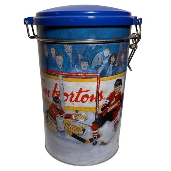 Tim Hortons Tin Limited Edition Winning Goal Collector Blue Lid 7" Tall - Picture 1 of 9